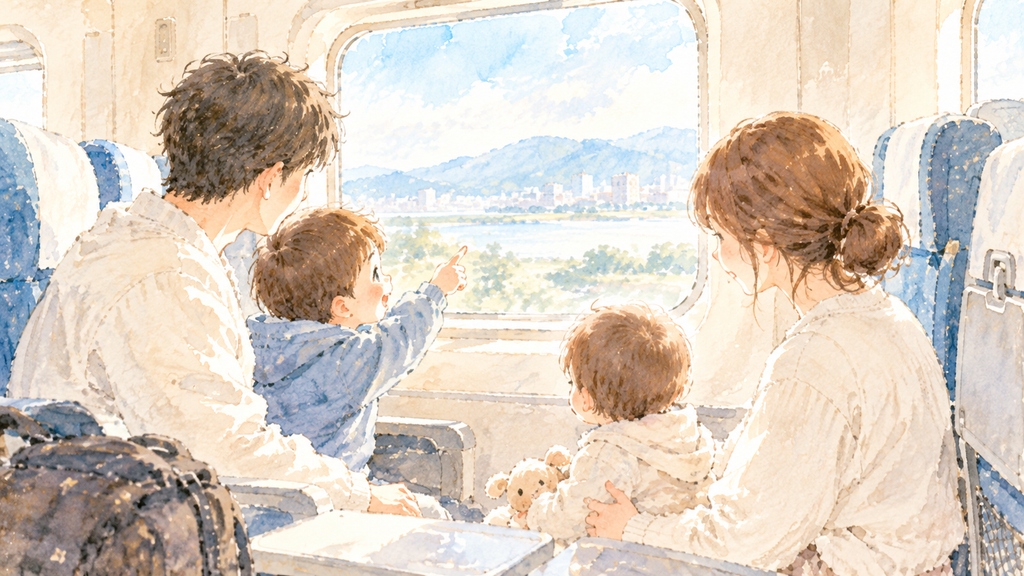 新幹線の車内で窓の外を眺める子どもたちと見守る両親の水彩イラスト