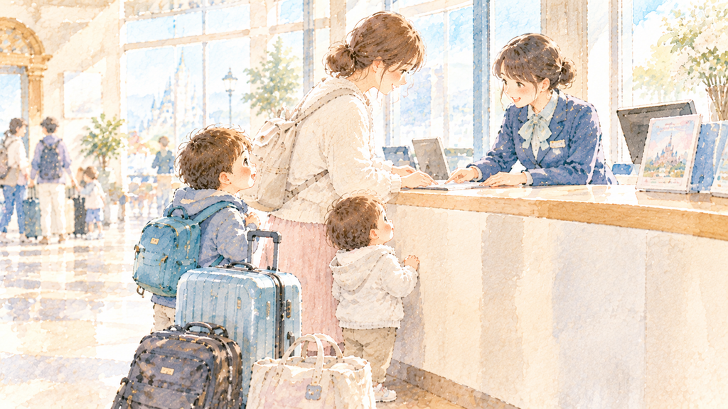 新幹線の車内でシールブックを楽しむ子どもと見守る母親の水彩イラスト