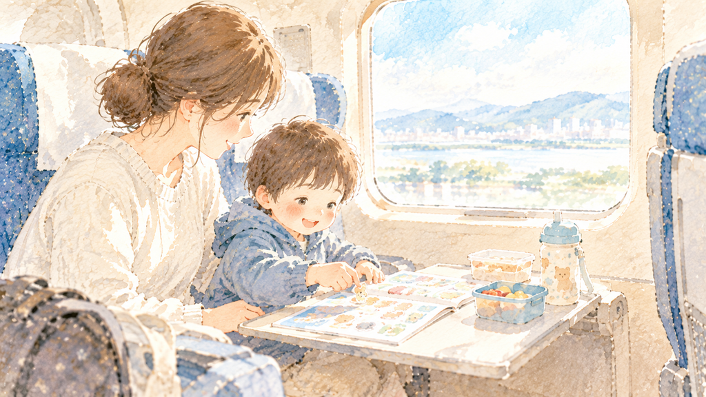 新幹線の車内でシールブックを楽しむ子どもと見守る母親の水彩イラスト