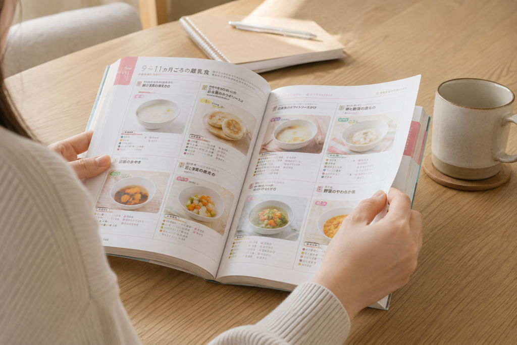 離乳食のレシピ本を見ながら献立を確認する手元