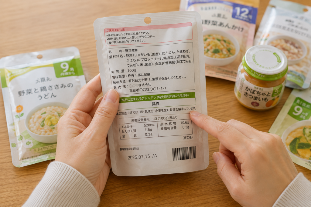 ベビーフードの原材料表示を確認する手元