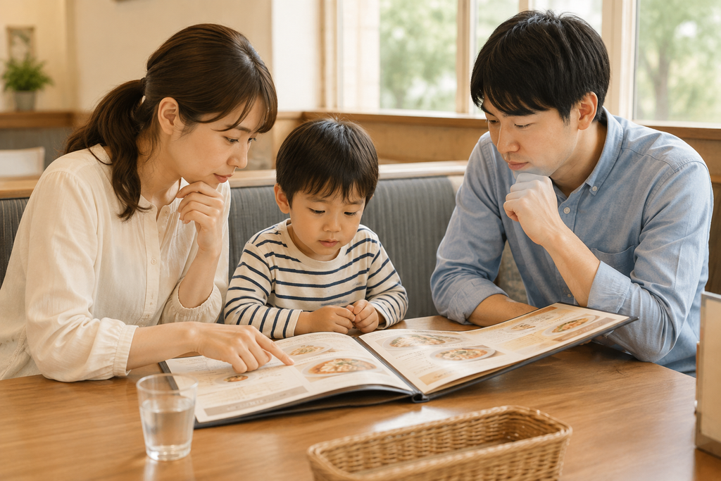 レストランで親子3人がメニューを見ながら食事内容を確認している様子