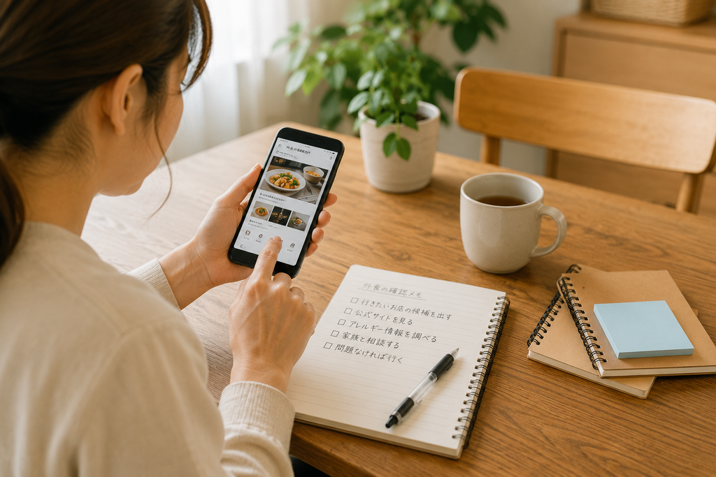 自宅でスマートフォンを使い、飲食店の情報を確認している様子