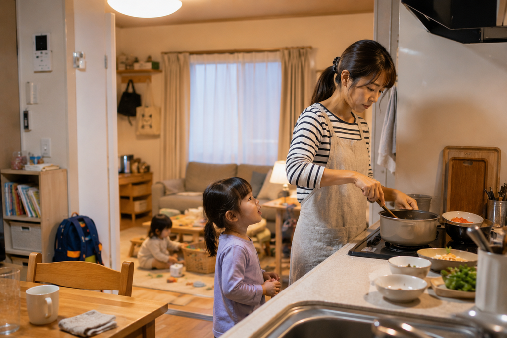 夕方、キッチンで夕飯の準備をする母親と、そばで話しかける子ども、リビングで遊ぶ子どもの様子