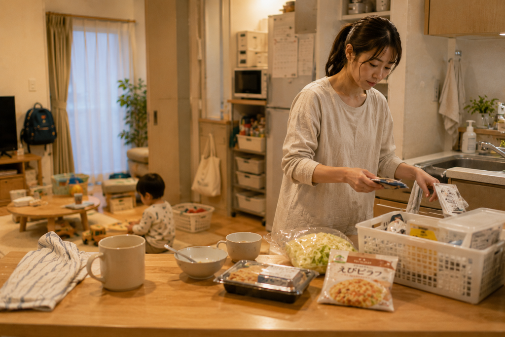 子どもと暮らす家庭で、簡単な食事や作り置きを活用しながら家事をする母親