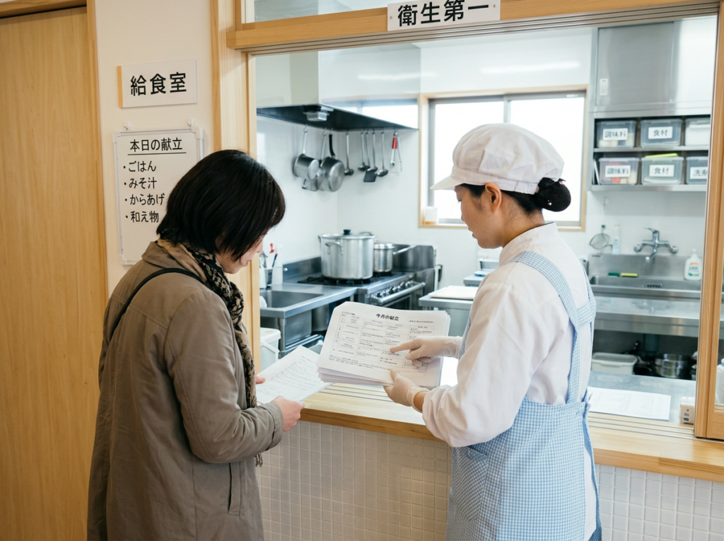 調理室の窓口で職員と書類を確認する保護者