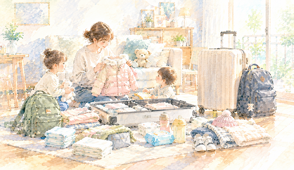 4歳と1歳の子どもとの冬の旅行に向けて、自宅でキャリーケースやリュックに着替えやオムツなどの持ち物を準備する様子を描いた水彩イラスト