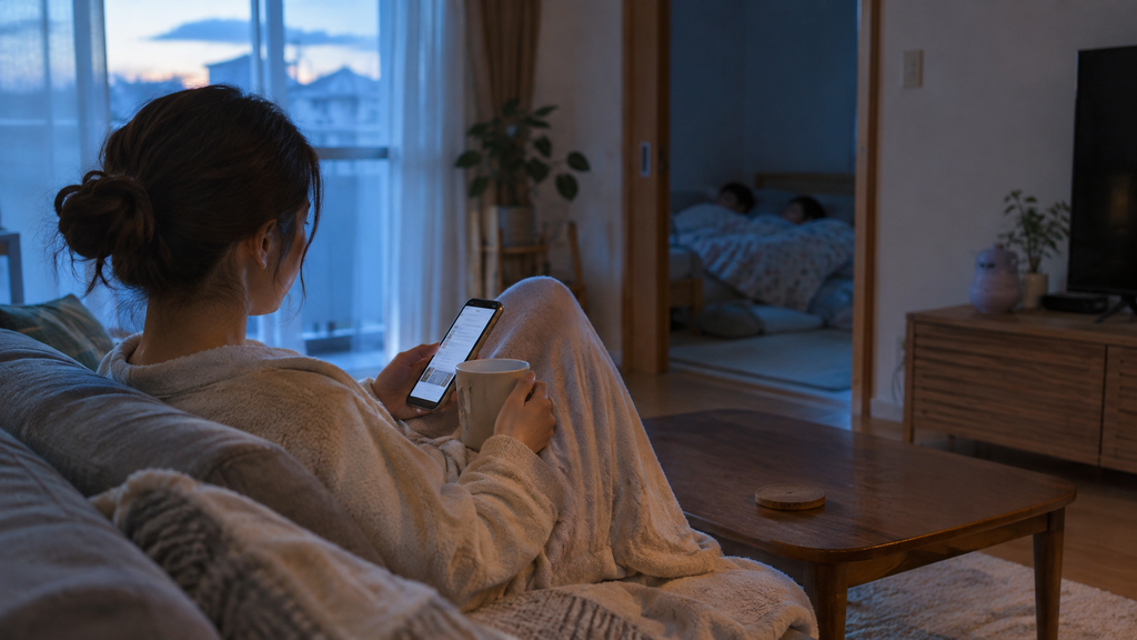 早朝5時、子どもが寝ている間にリビングで自分の時間を過ごす母親