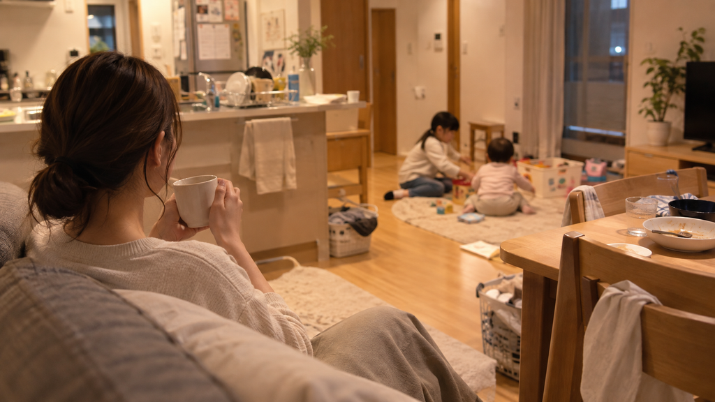 子どもたちが遊んでいる間に温かい飲み物を飲んで一息つく母親