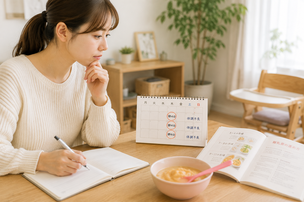離乳食を食べる子どもの様子を見ながら、卵を食べた日と体調不良の関係をカレンダーとメモで振り返る母親