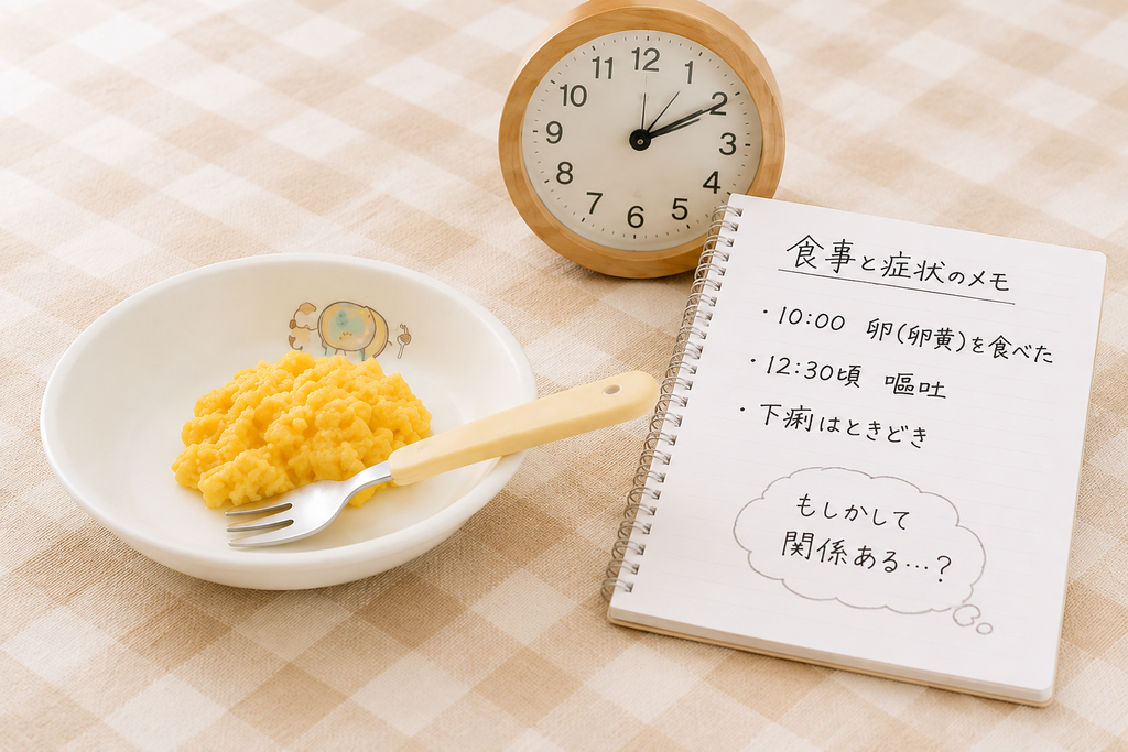 卵を食べた時間と、その後の嘔吐や下痢の症状を時計とメモで記録し、食事との関係を振り返るイメージ