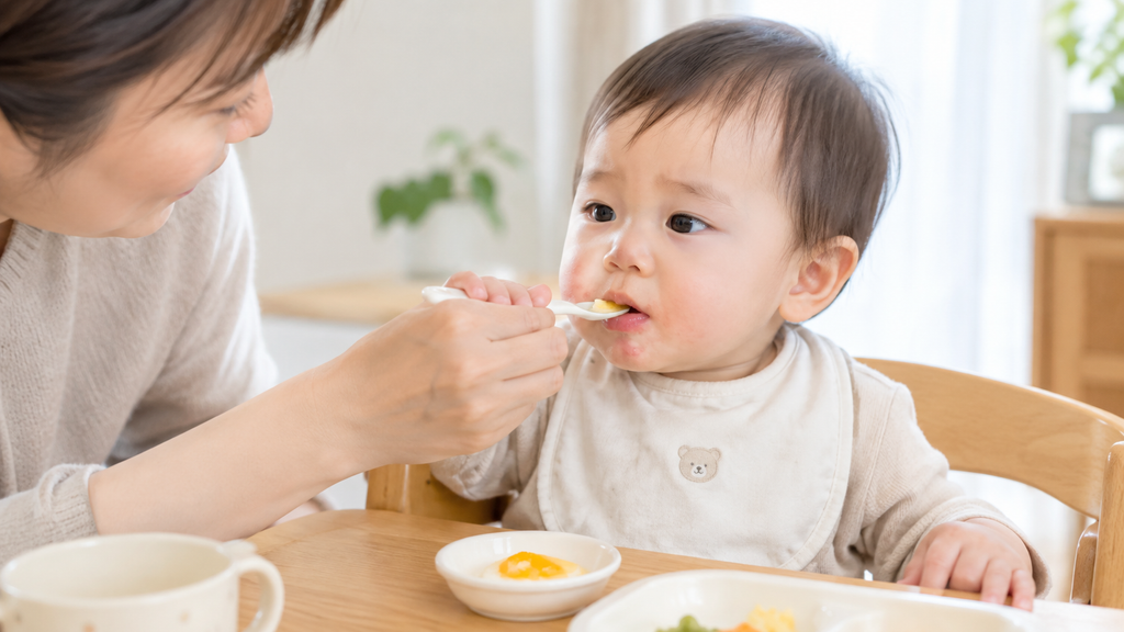 赤ちゃんが離乳食で卵を食べている様子と、そばで見守る母親