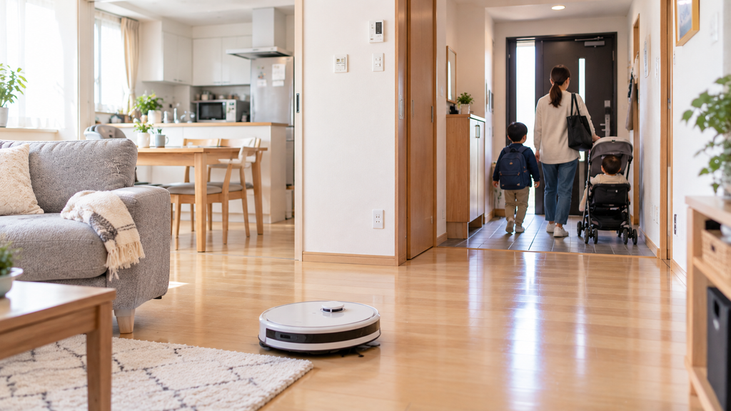 子どもと外出している間にリビングを掃除するロボット掃除機