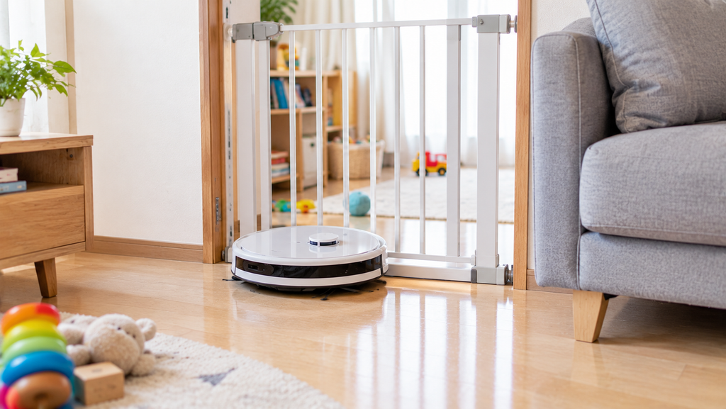 ベビーゲートの近くで進めなくなったロボット掃除機