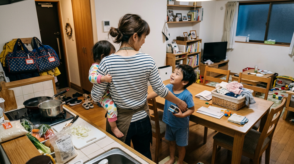 帰宅後、子どもたちの相手をしながら夕食の準備をする母親