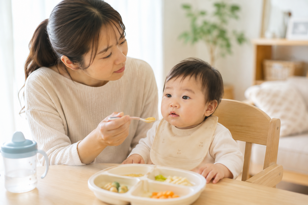 母親が赤ちゃんに離乳食を食べさせている様子