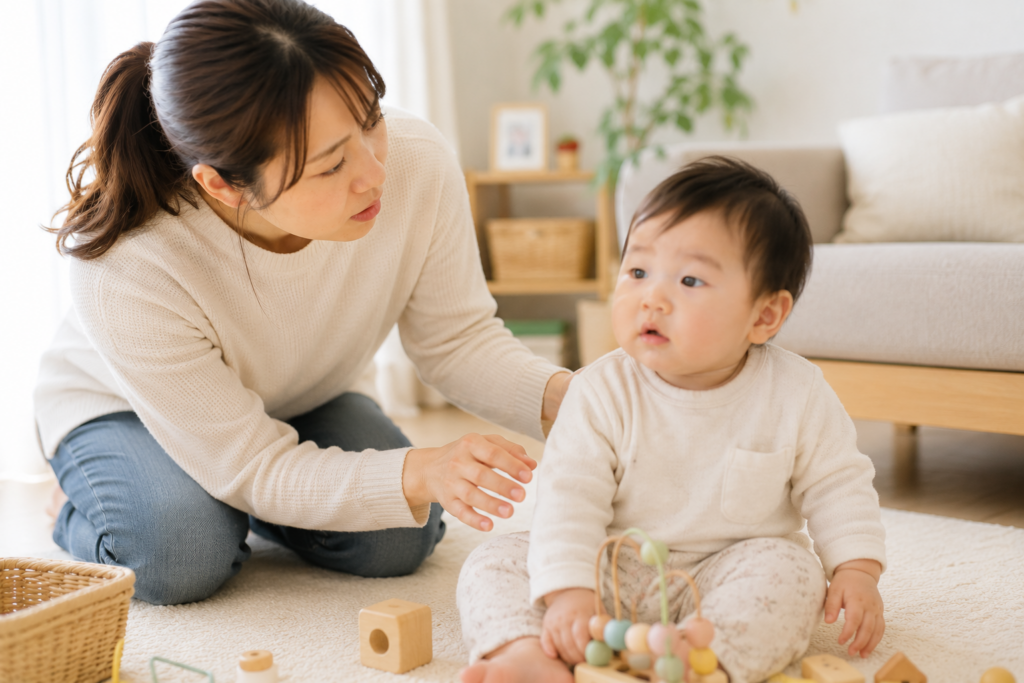 遊んでいる赤ちゃんの様子を見て異変に気づく母親