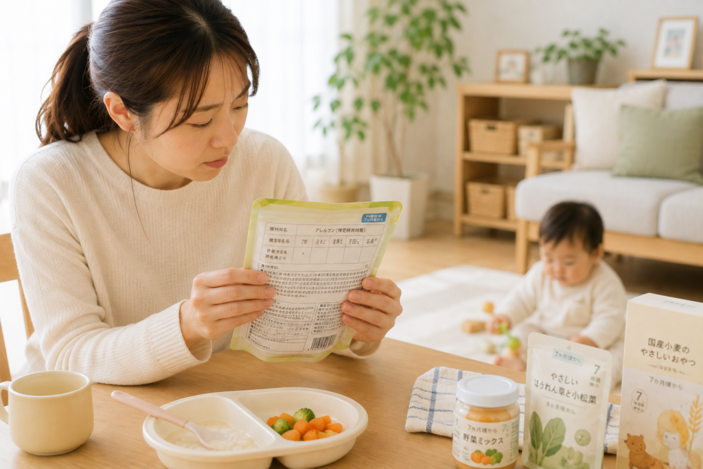 赤ちゃん用食品の表示を確認する母親