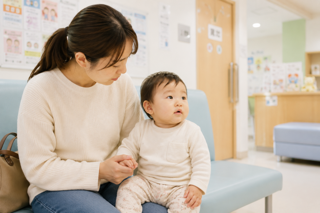 小児科の待合室で子どもの手を握る母親