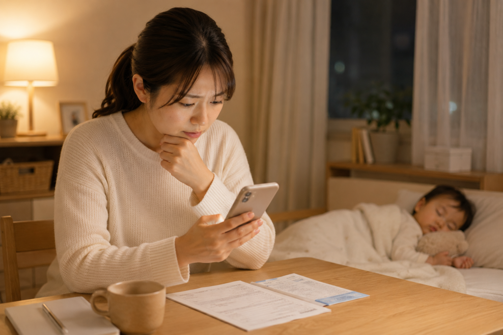 夜にスマートフォンで検査結果について調べる母親