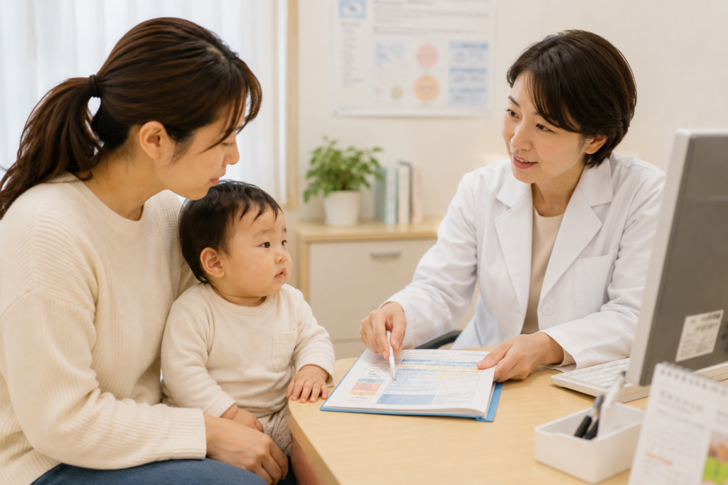 医師から説明を受ける母親と子ども