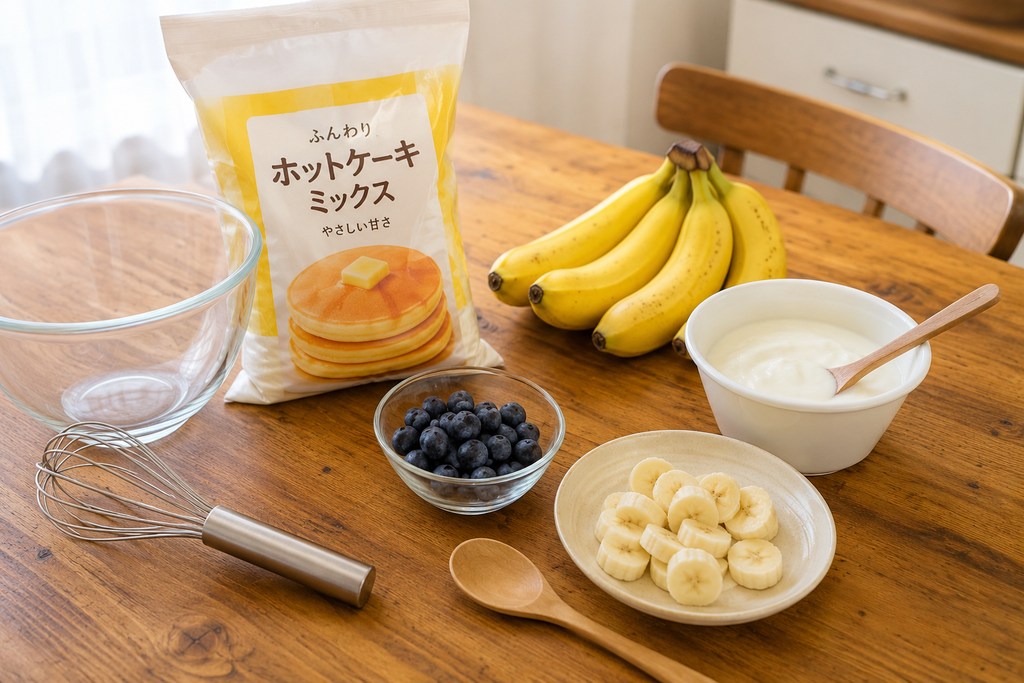 手作りの誕生日ケーキに使うバナナやブルーベリーなどの材料