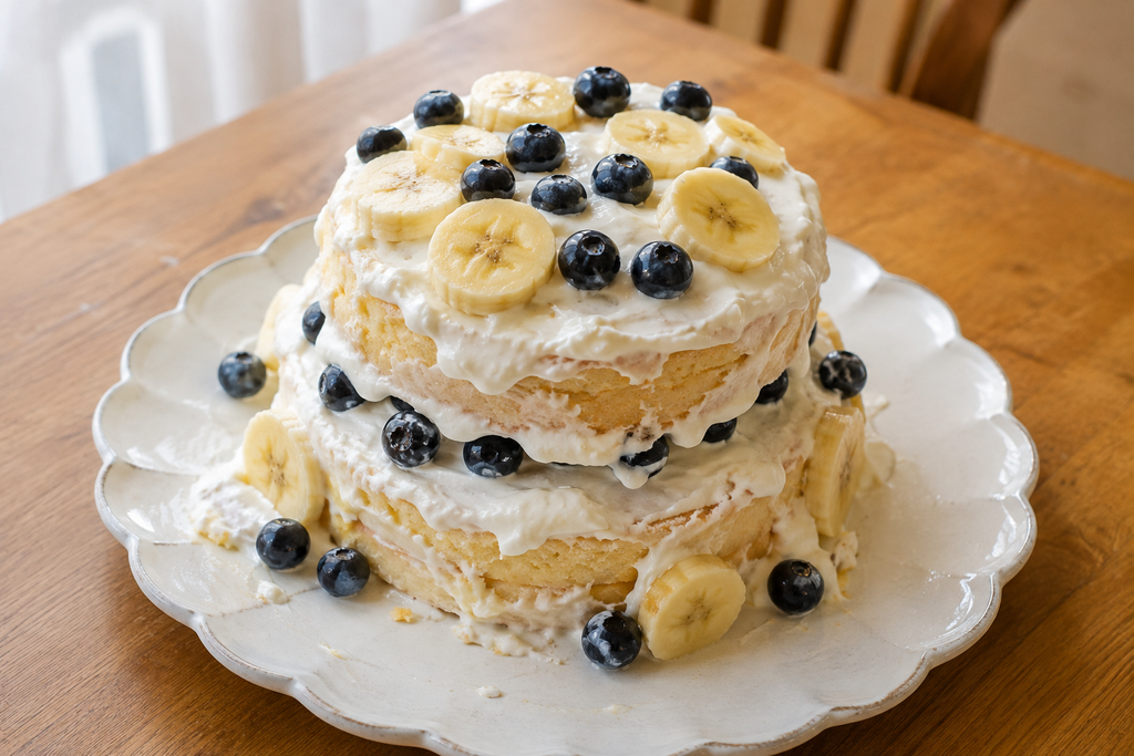 バナナとブルーベリーを飾った、少し形が不揃いな手作りの誕生日ケーキ