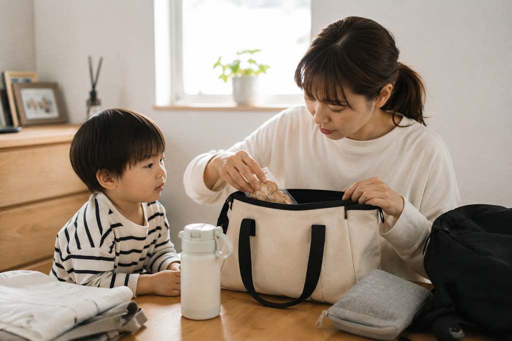経口負荷試験に持参するお菓子をバッグに入れる母親と子ども
