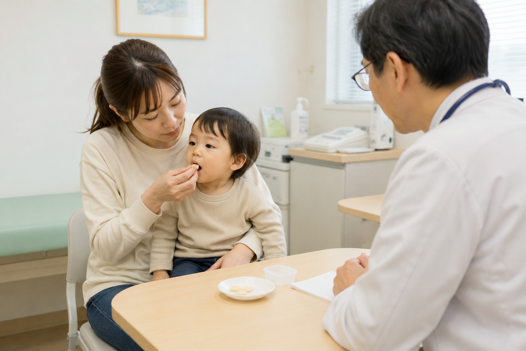 経口負荷試験で母親の膝の上でおやつを食べる子どもと見守る医師