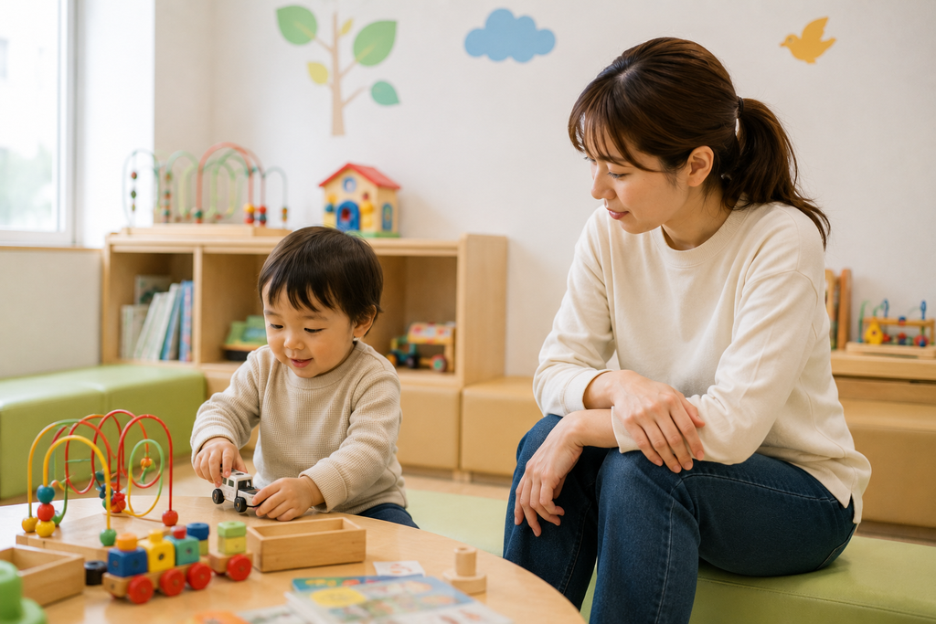 経口負荷試験の待ち時間にプレイルームで遊ぶ子どもと見守る母親