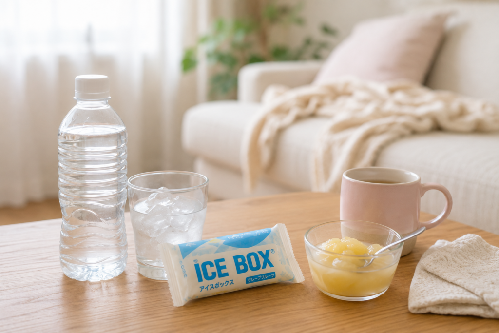 つわり中に飲み物を用意してソファーで休む妊婦