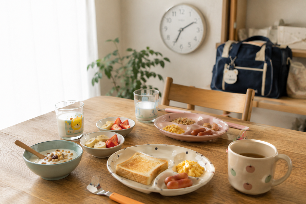 共働き家庭の子ども2人分の朝ごはんが並ぶ食卓