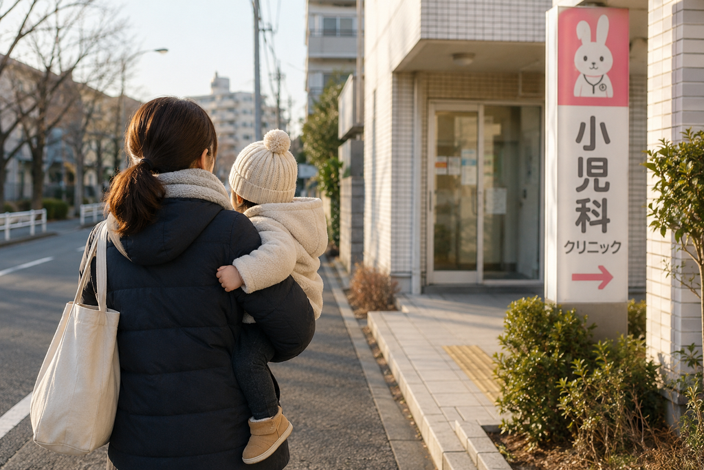 冬の朝、小さな子どもを抱っこして病院へ向かう親の後ろ姿