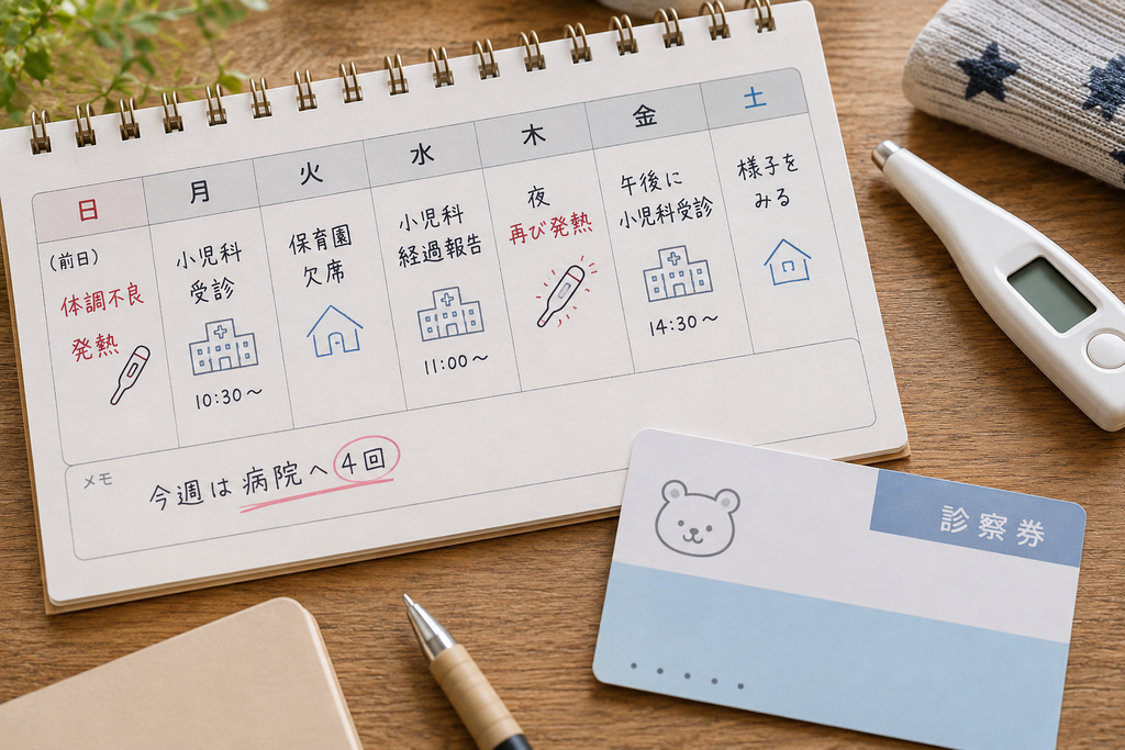 発熱や保育園の欠席、小児科の受診などが書き込まれた1週間の予定表と、診察券