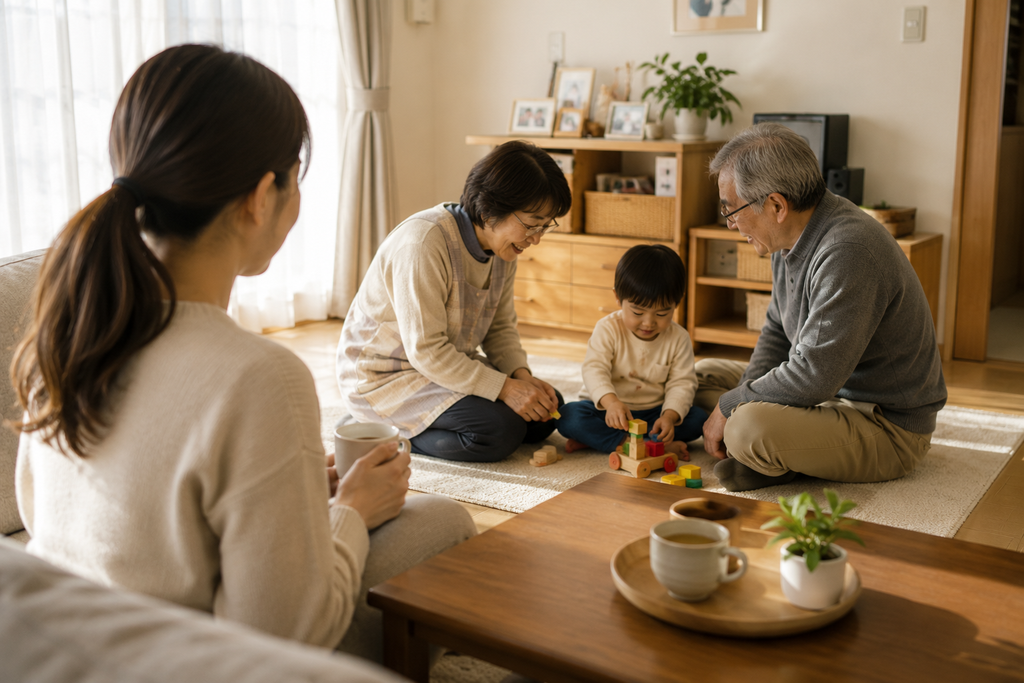 実家で祖父母に子どもを見てもらい、母親が久しぶりに少し安心して休めている、家族の支えを感じる冬の午後