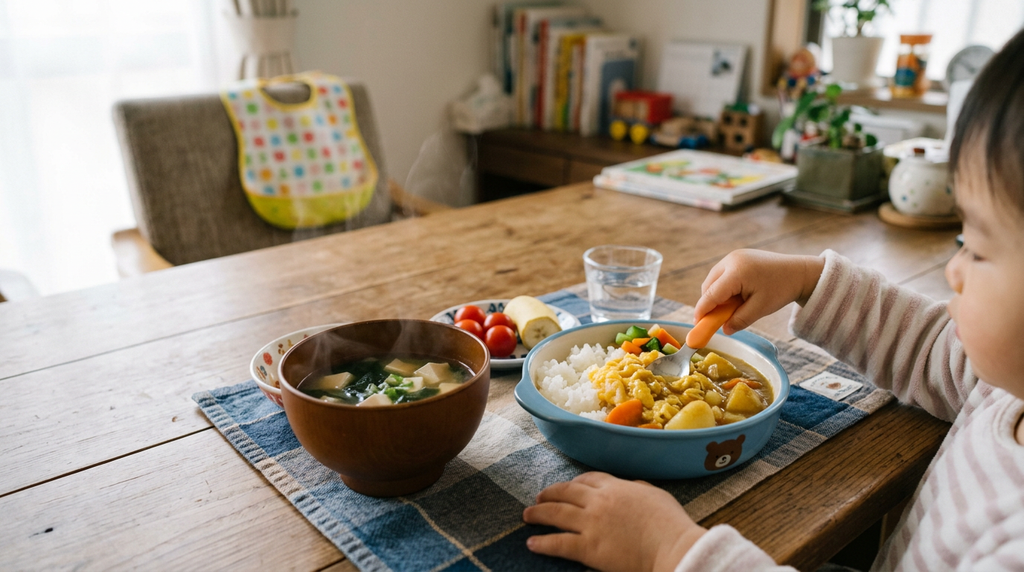子どもが食べやすいよう卵を混ぜたカレーと味噌汁