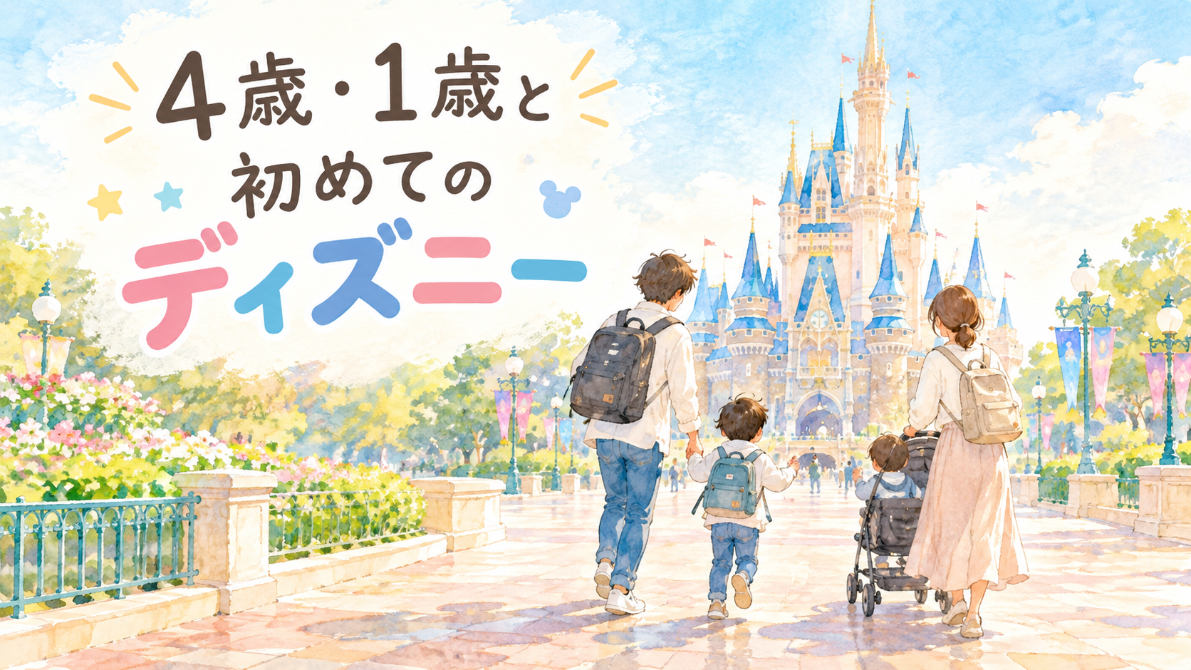 4歳と1歳の男の子を連れた家族が、お城のあるテーマパークを訪れる水彩イラスト